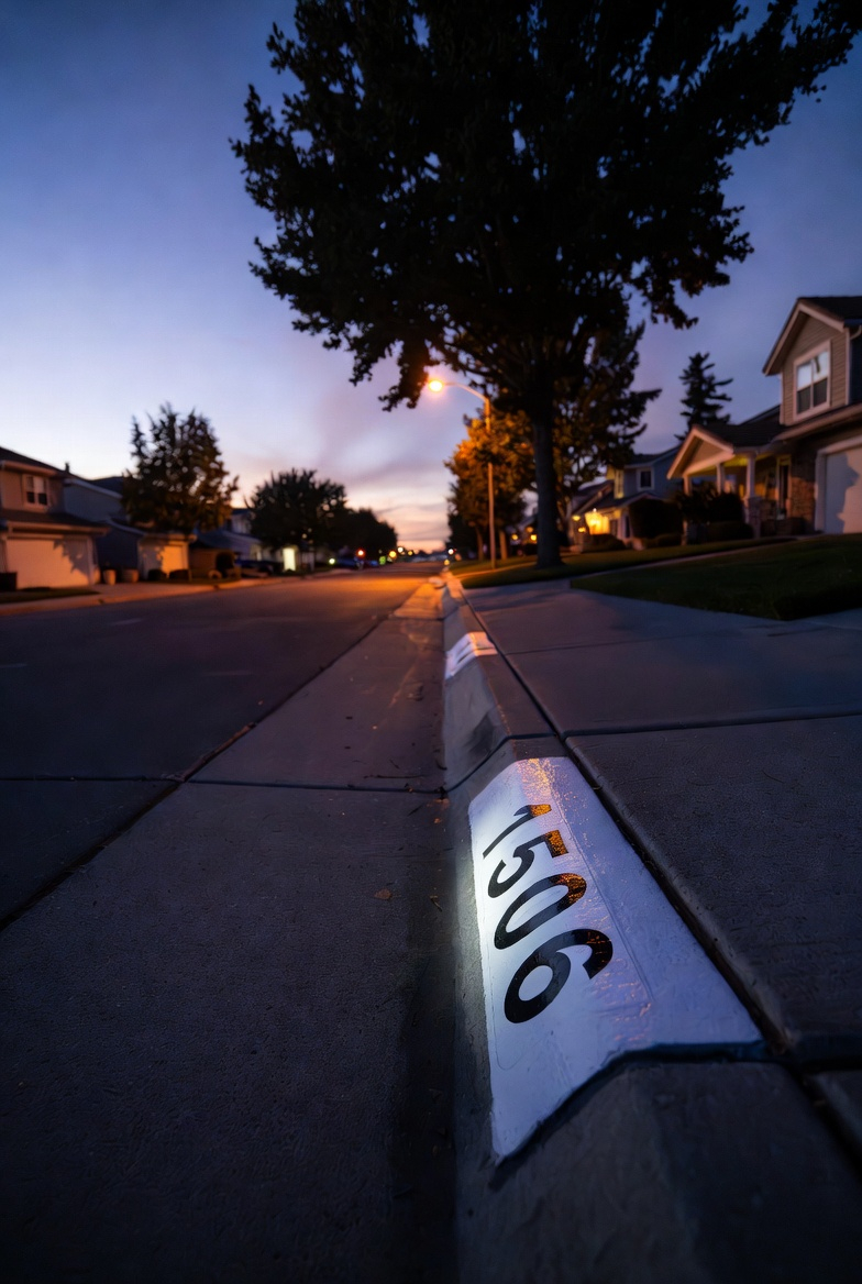 Reflective curb numbers at dusk